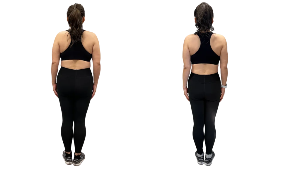 50代の女性のビフォーアフター（後ろ姿）。3か月で74kgから64.65kg